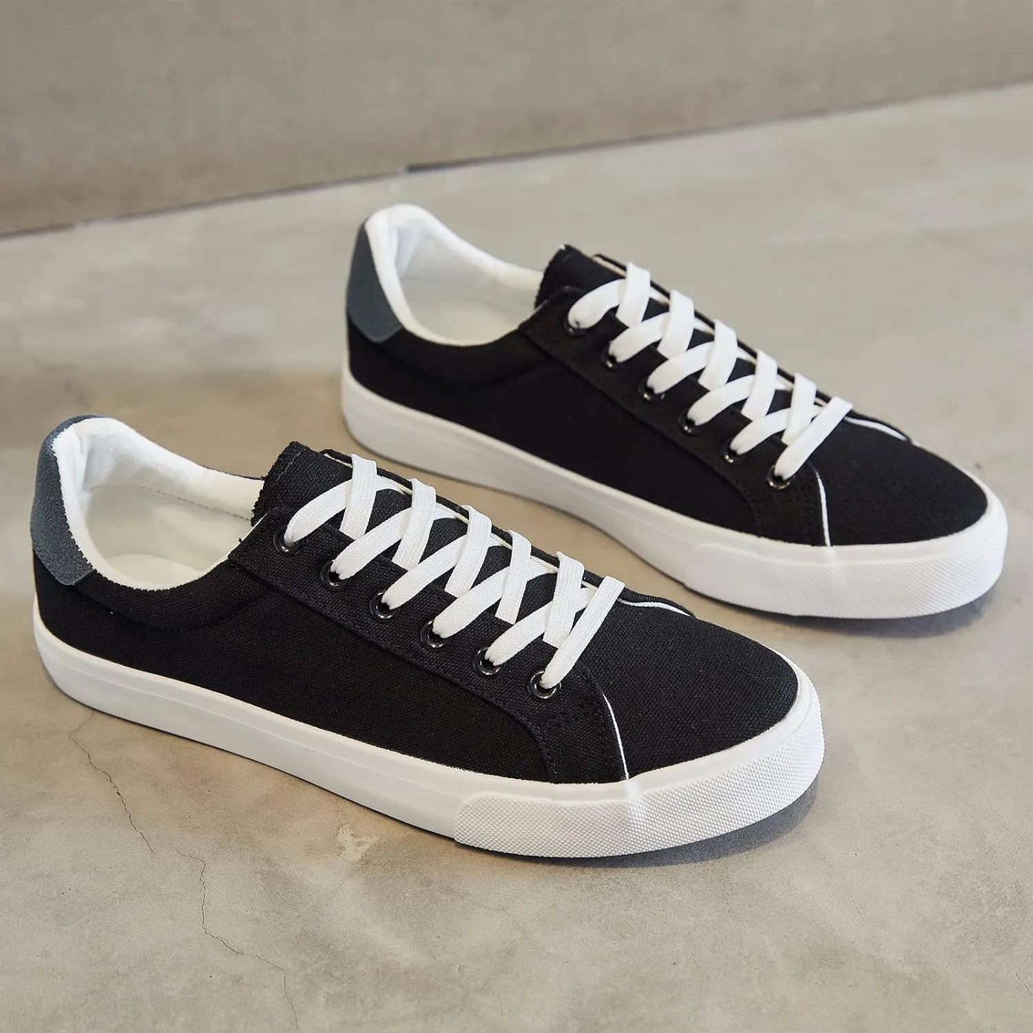 FRACORA Mens Canvas Shoes White Black Sneakers Low Top Lace Up Casual Shoes