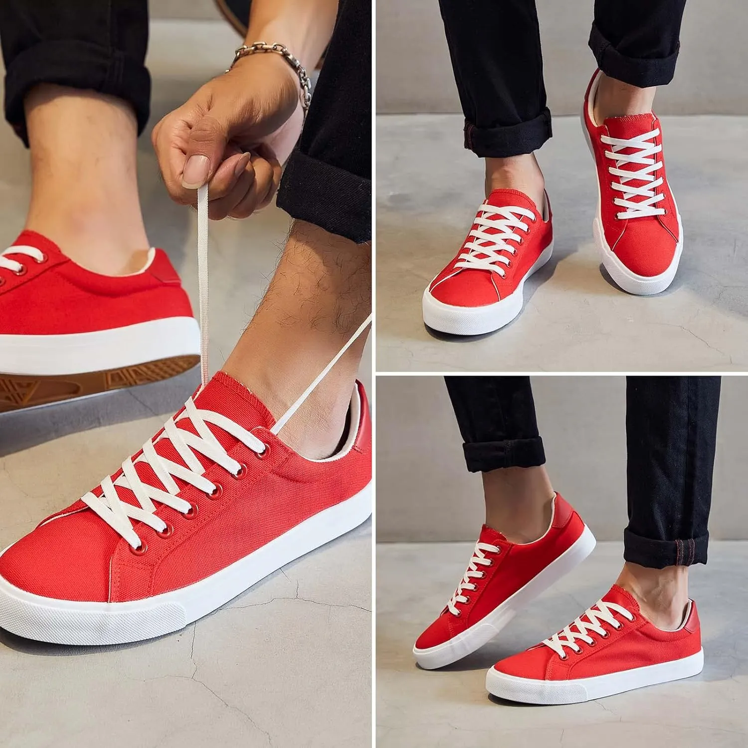 FRACORA Mens Canvas Shoes White Black Sneakers Low Top Lace Up Casual Shoes