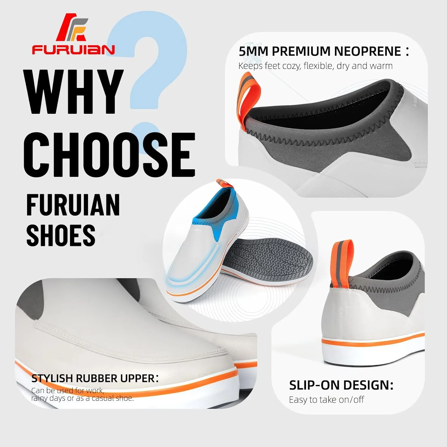 Furuian Men's Deck Shoes, Short Deck Boots Rain Boots Waterproof Rain Fishing Shoes Slip-on Rubber Loafers Lightweight Shoes for Walk Boating Sailing & Gardening