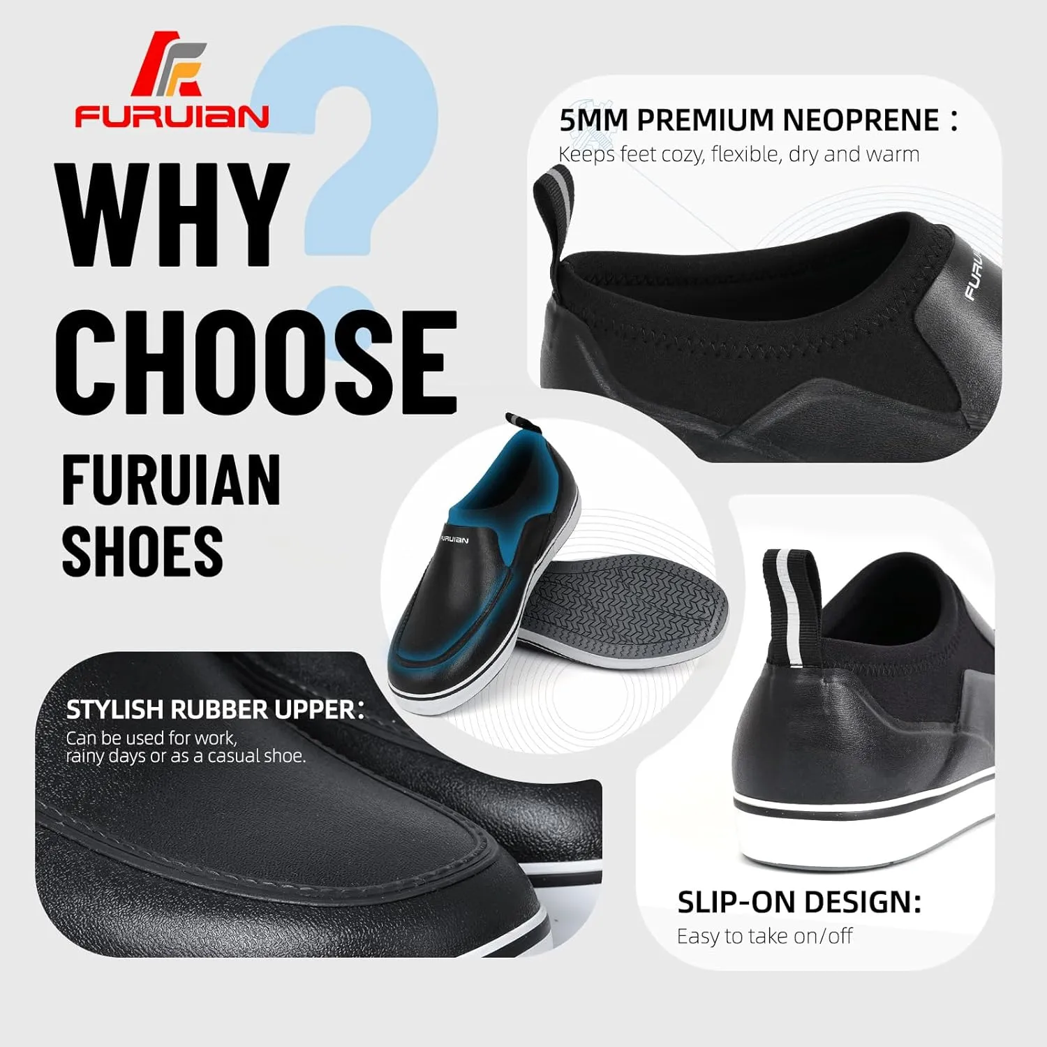 Furuian Men's Deck Shoes, Short Deck Boots Rain Boots Waterproof Rain Fishing Shoes Slip-on Rubber Loafers Lightweight Shoes for Walk Boating Sailing & Gardening