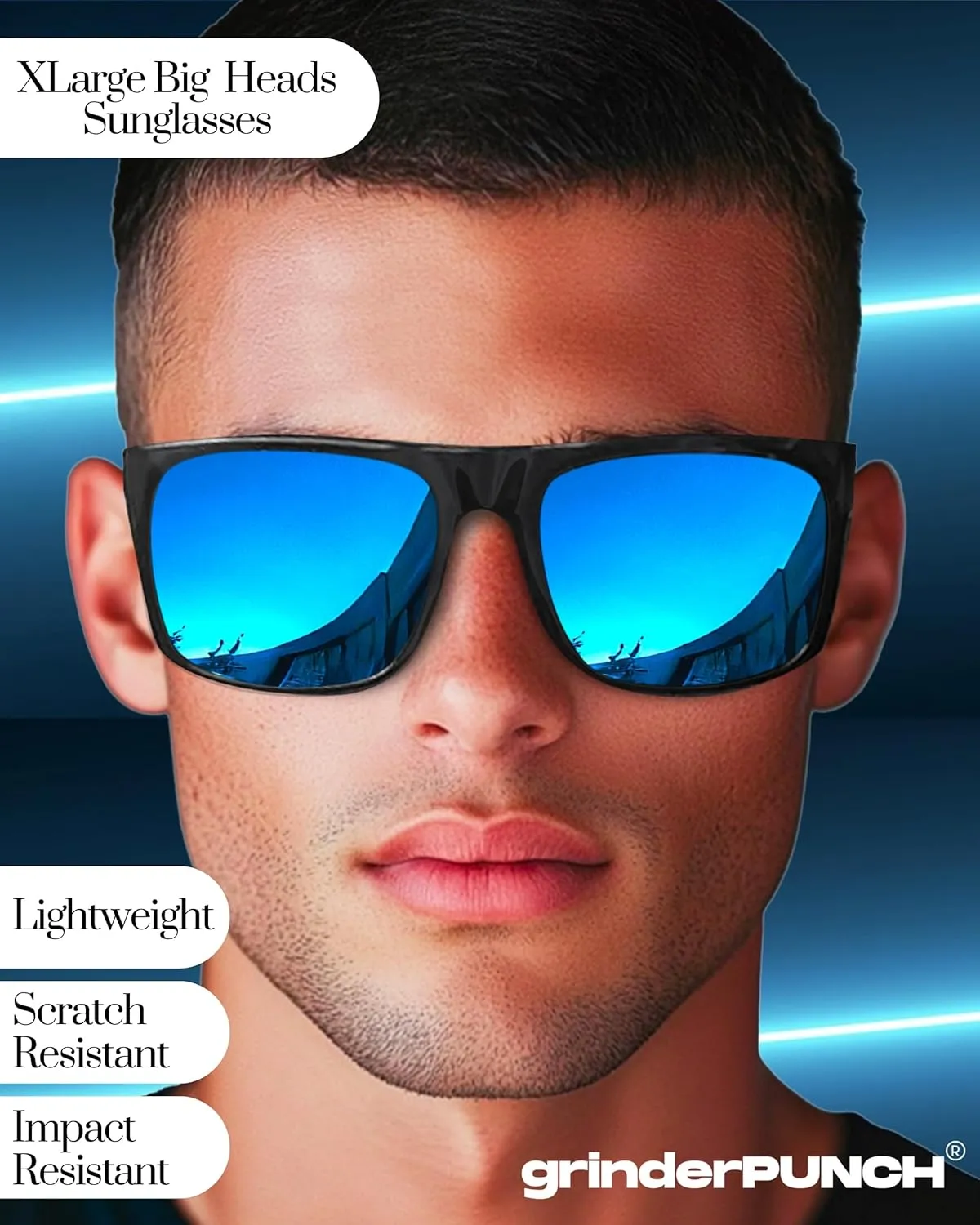grinderPUNCH Mens Oversized Sunglasses XL Big Head Fit, Extra Wide Frame Sunglasses for Men, Big Heads, XXL Large Wide Shades