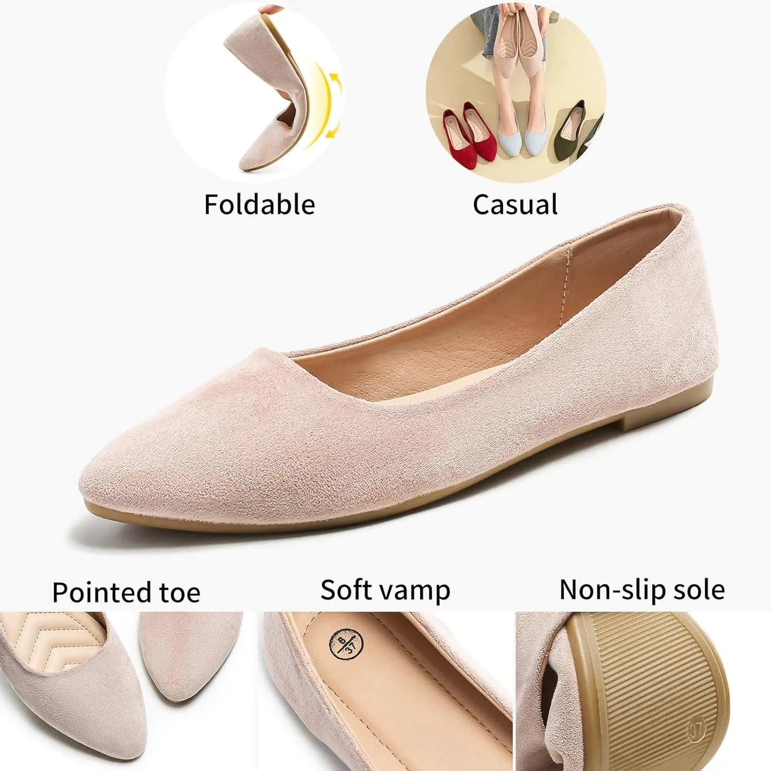 HEAWISH Womens Black Flats Shoes Comfortable Suede Pointed Toe Slip On Casual Ballet Flats Dress Shoes Nude Flats