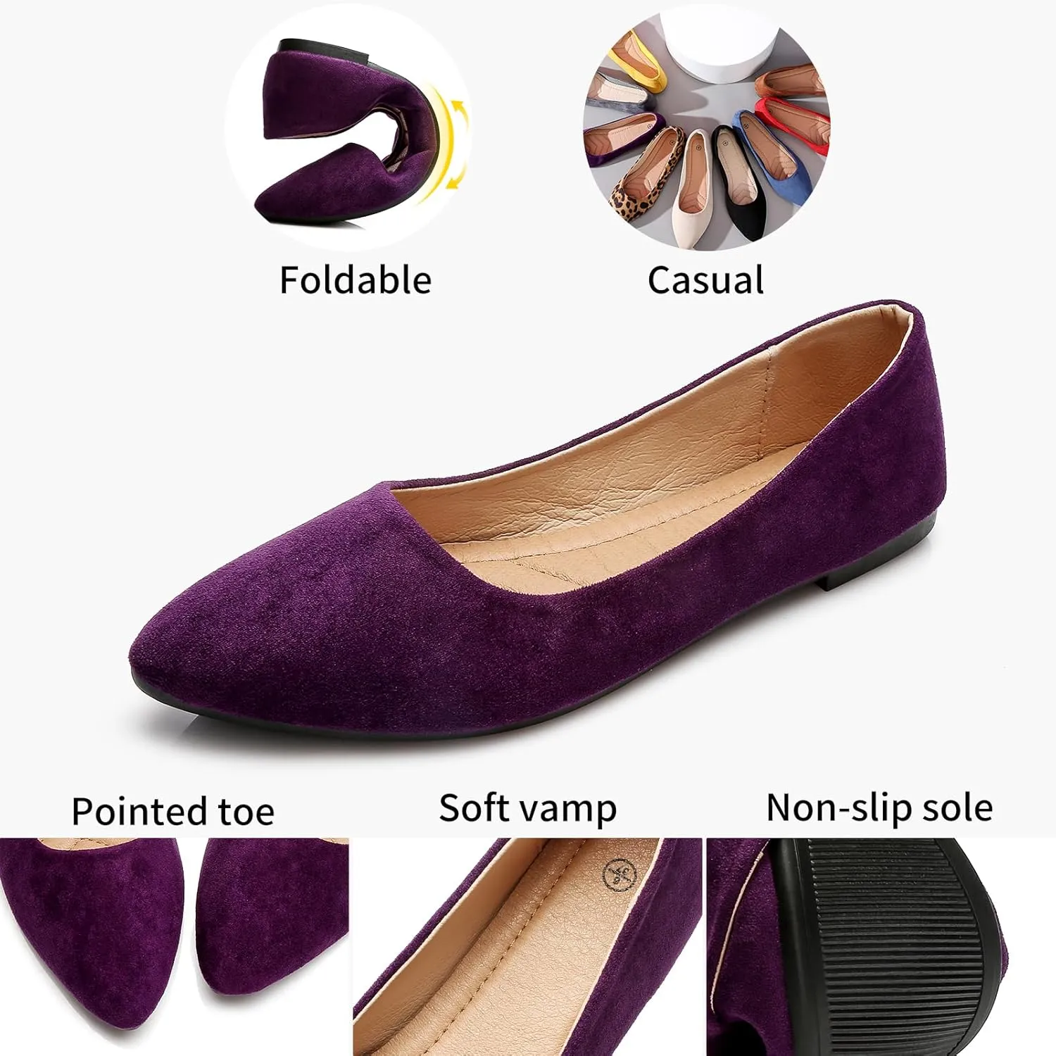 HEAWISH Womens Black Flats Shoes Comfortable Suede Pointed Toe Slip On Casual Ballet Flats Dress Shoes Nude Flats