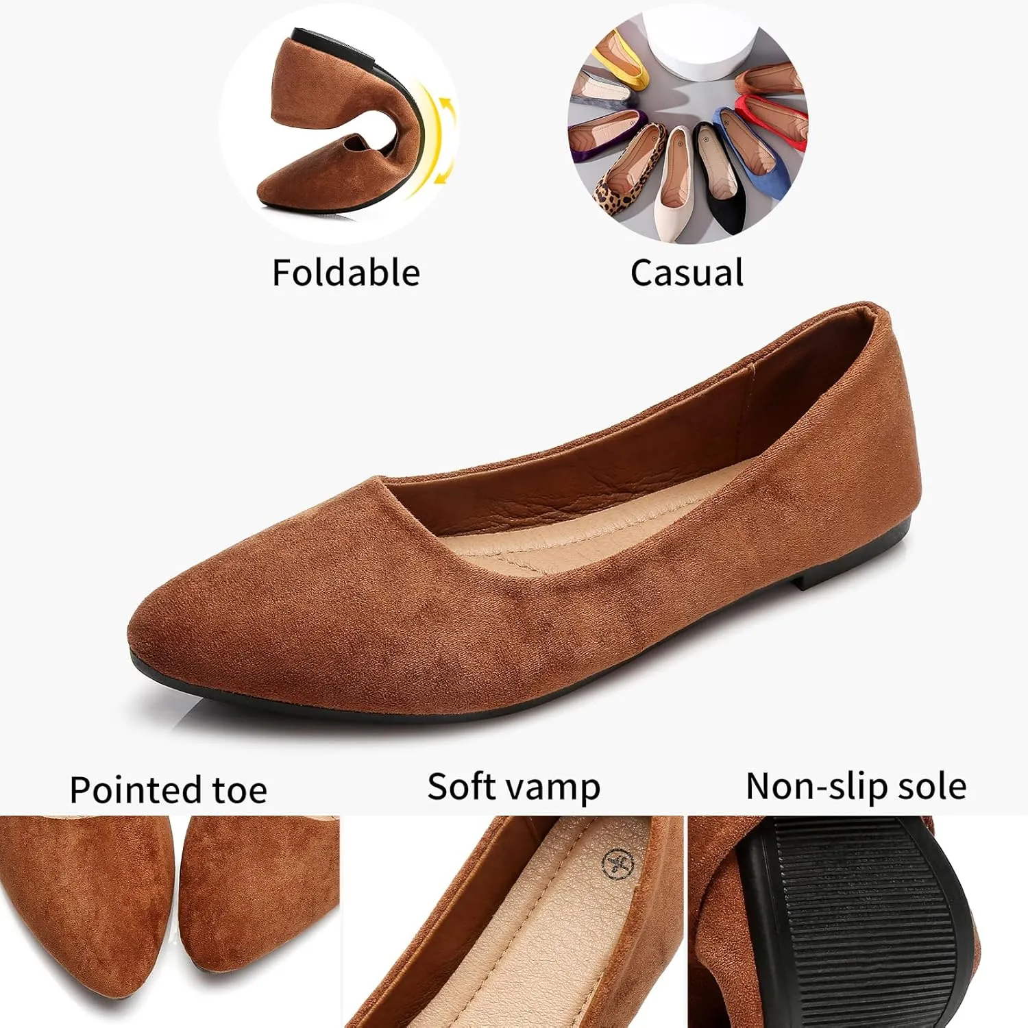 HEAWISH Womens Black Flats Shoes Comfortable Suede Pointed Toe Slip On Casual Ballet Flats Dress Shoes Nude Flats