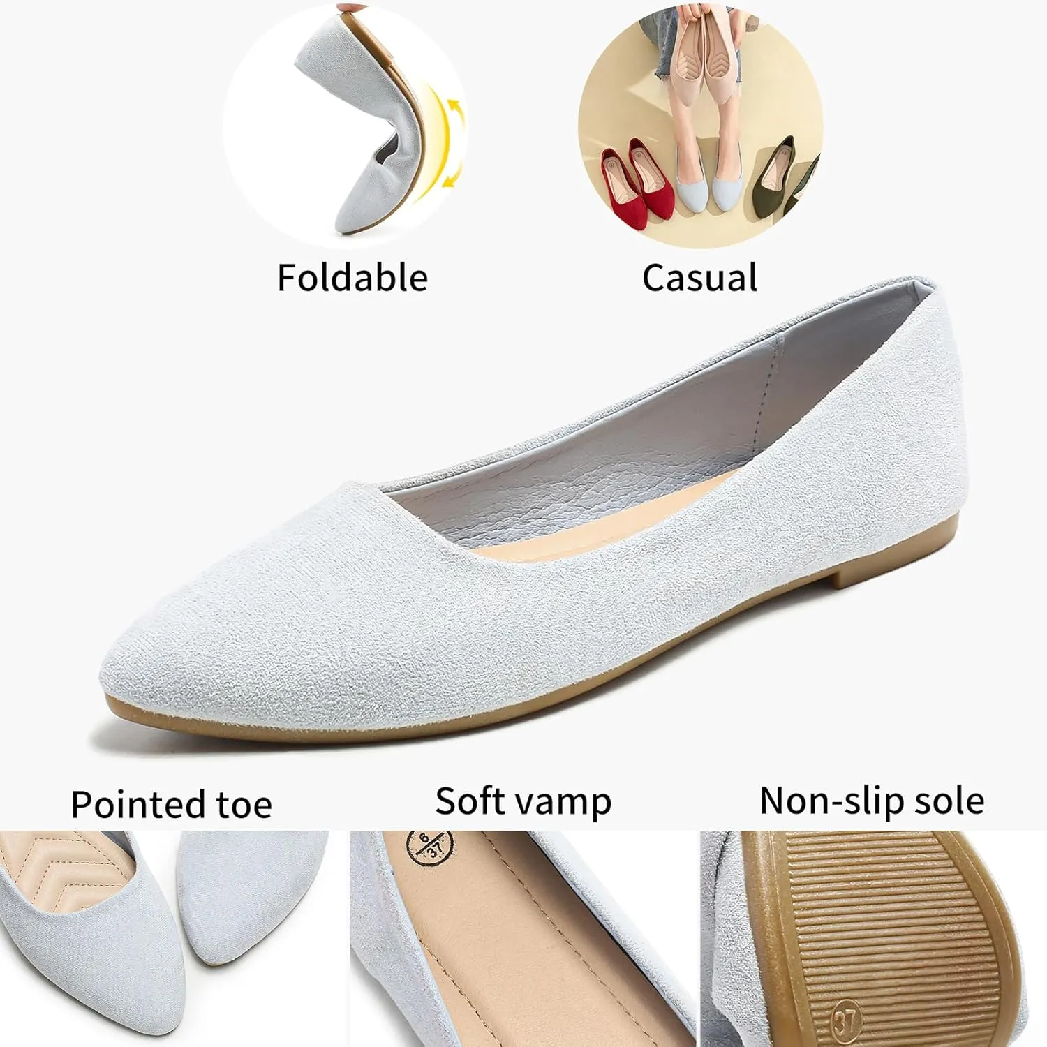HEAWISH Womens Black Flats Shoes Comfortable Suede Pointed Toe Slip On Casual Ballet Flats Dress Shoes Nude Flats