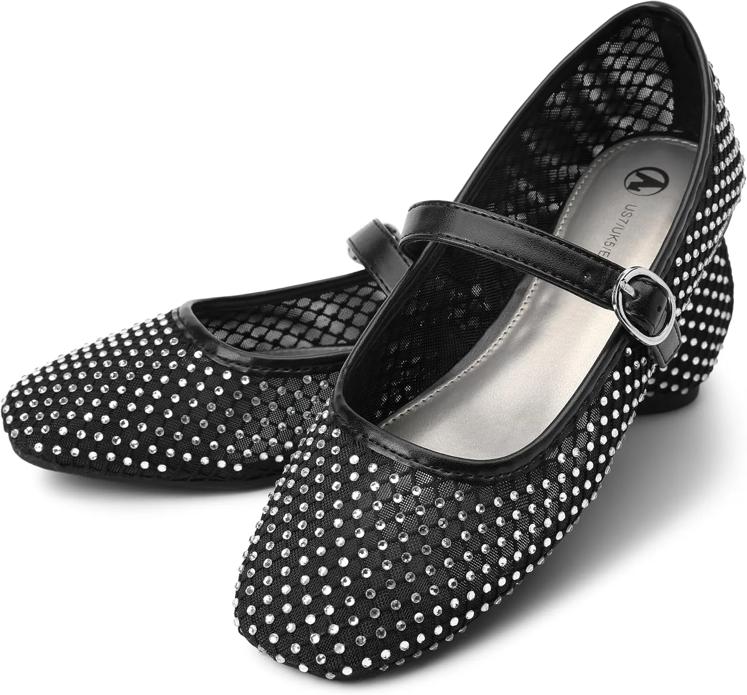 HOMETRUE Women's Mesh Ballet Flats Buckle Strap Sparkly Rhinestone Mary Jane Ballerina Breathable Summer Dress Shoes Womens Sandals