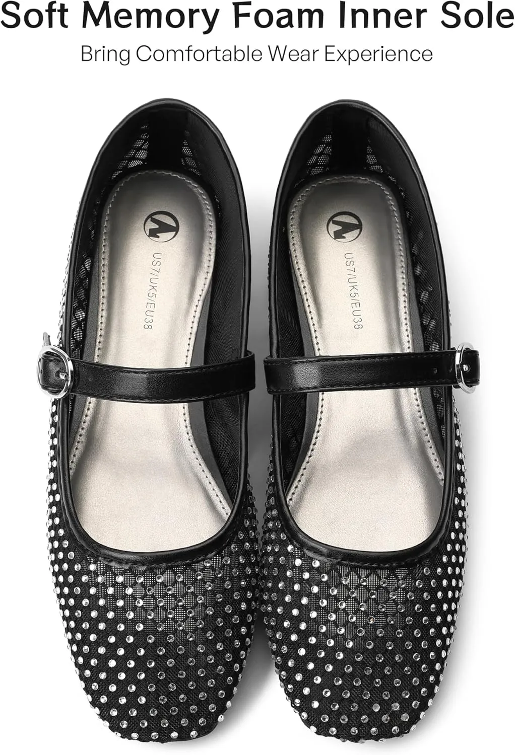 HOMETRUE Women's Mesh Ballet Flats Buckle Strap Sparkly Rhinestone Mary Jane Ballerina Breathable Summer Dress Shoes Womens Sandals