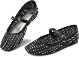 HOMETRUE Women's Mesh Ballet Flats Buckle Strap Sparkly Rhinestone Mary Jane Ballerina Breathable Summer Dress Shoes Womens Sandals