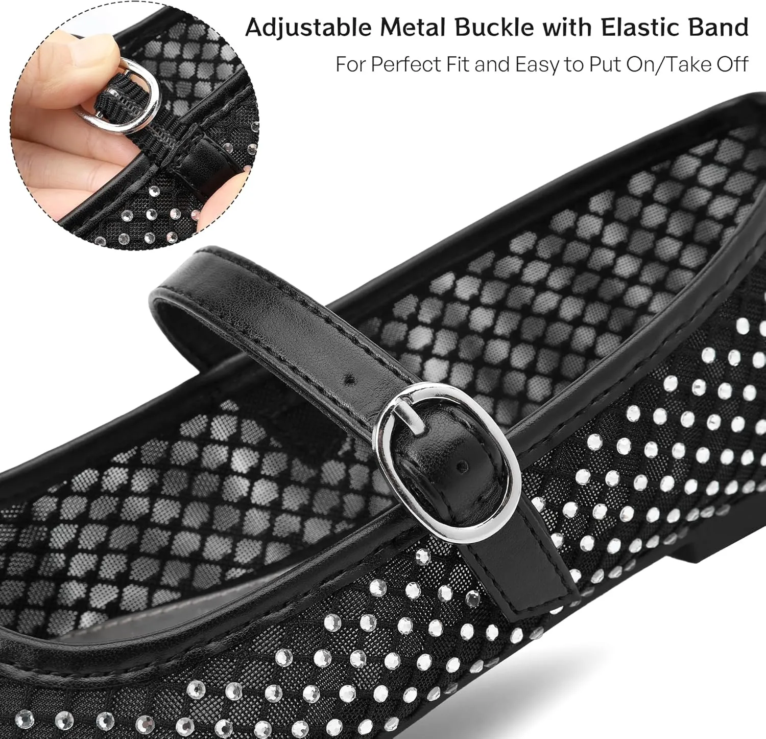 HOMETRUE Women's Mesh Ballet Flats Buckle Strap Sparkly Rhinestone Mary Jane Ballerina Breathable Summer Dress Shoes Womens Sandals