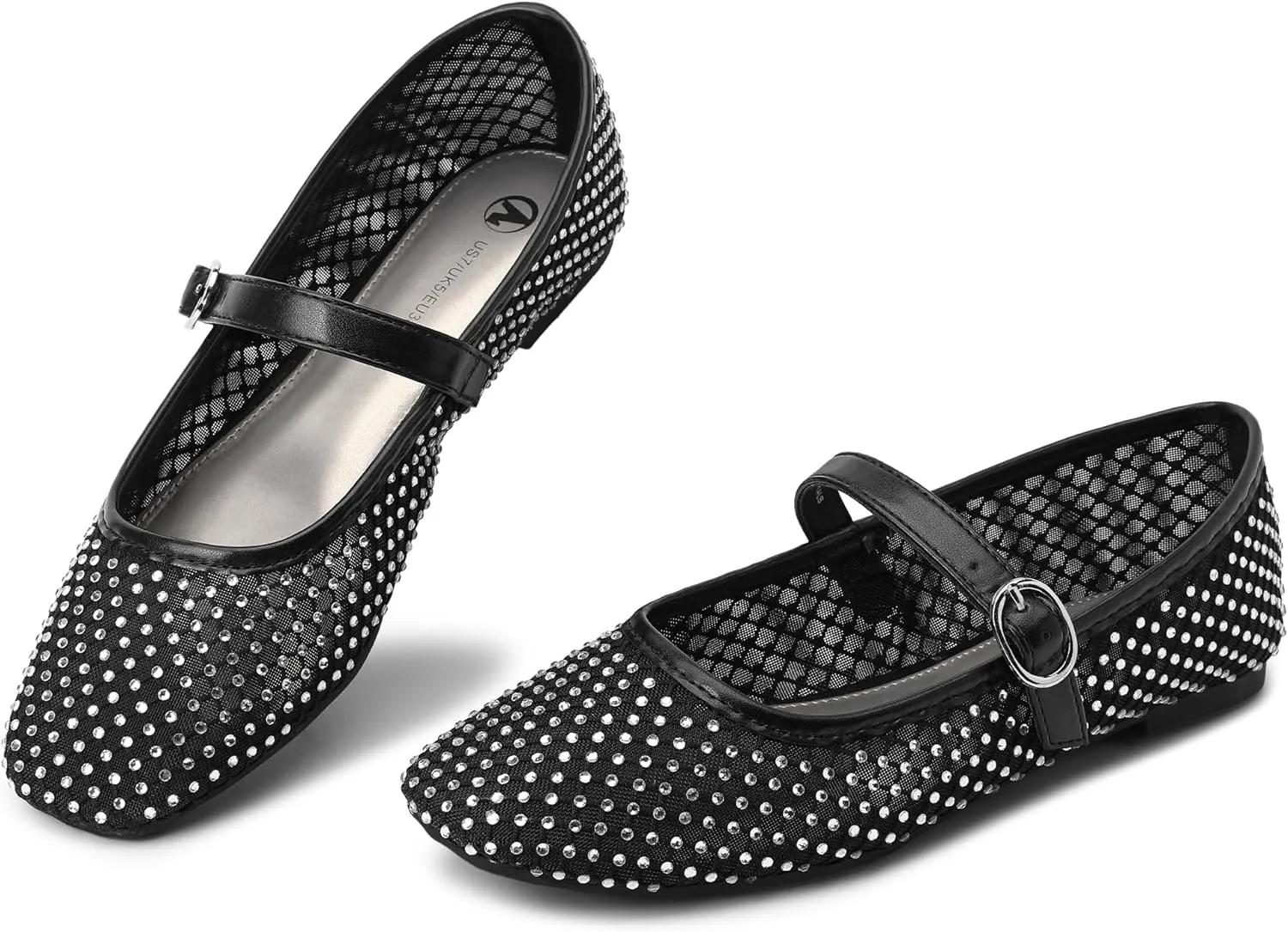 HOMETRUE Women's Mesh Ballet Flats Buckle Strap Sparkly Rhinestone Mary Jane Ballerina Breathable Summer Dress Shoes Womens Sandals