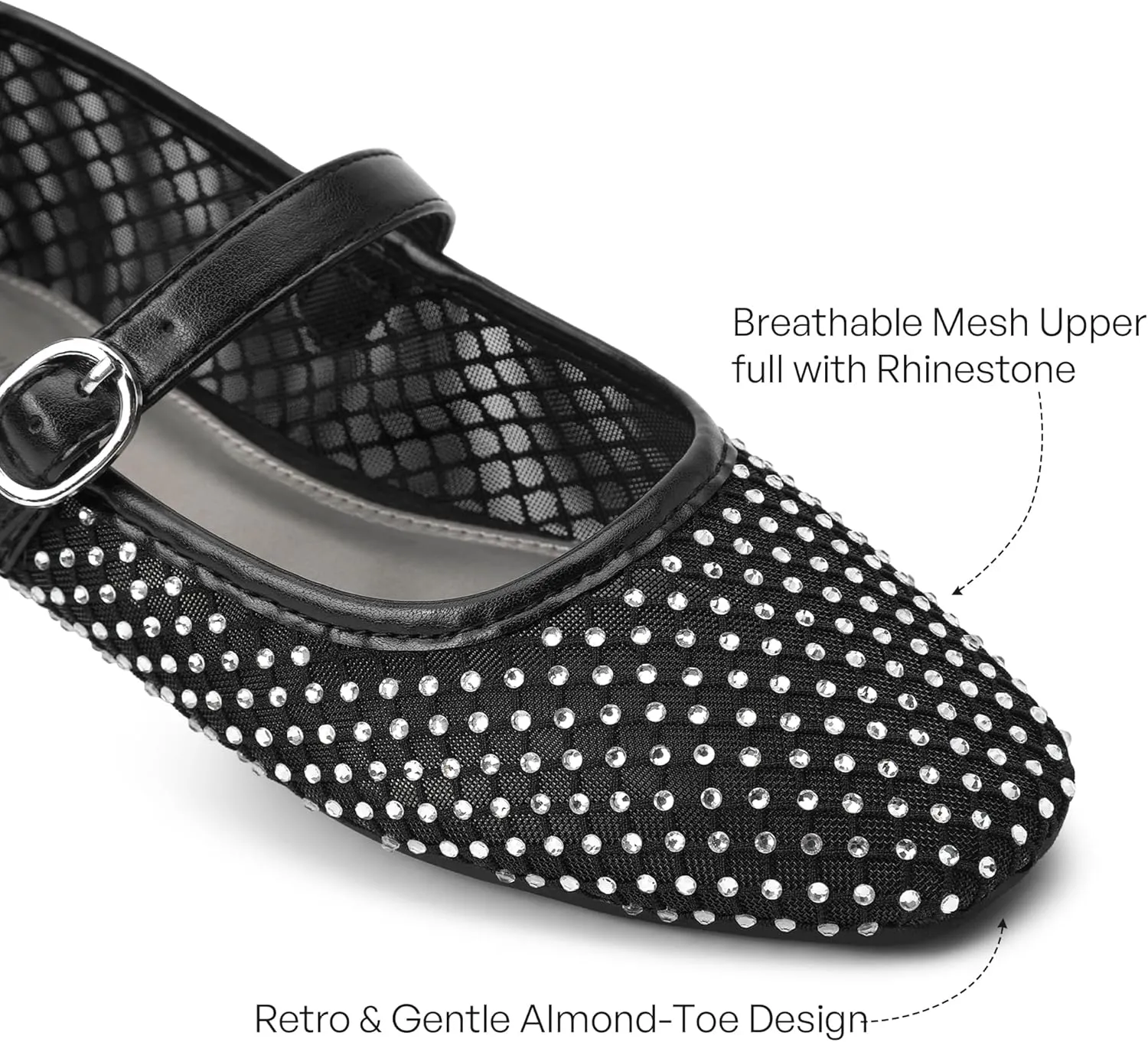 HOMETRUE Women's Mesh Ballet Flats Buckle Strap Sparkly Rhinestone Mary Jane Ballerina Breathable Summer Dress Shoes Womens Sandals
