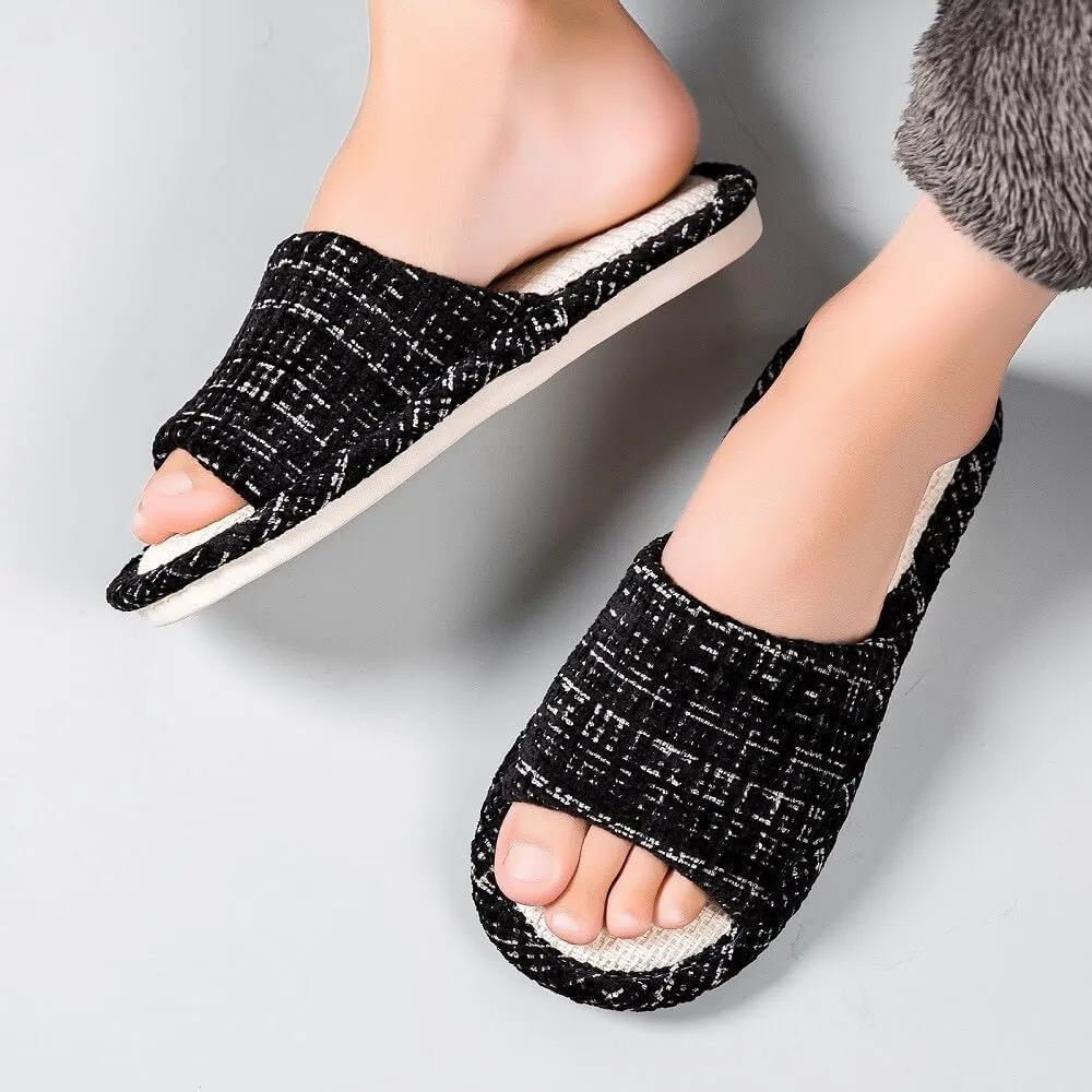 House Slippers Indoor Cotton Flax Slippers, Women's and Men's Casual Soft Non-slip Open Toed Mute Slippers
