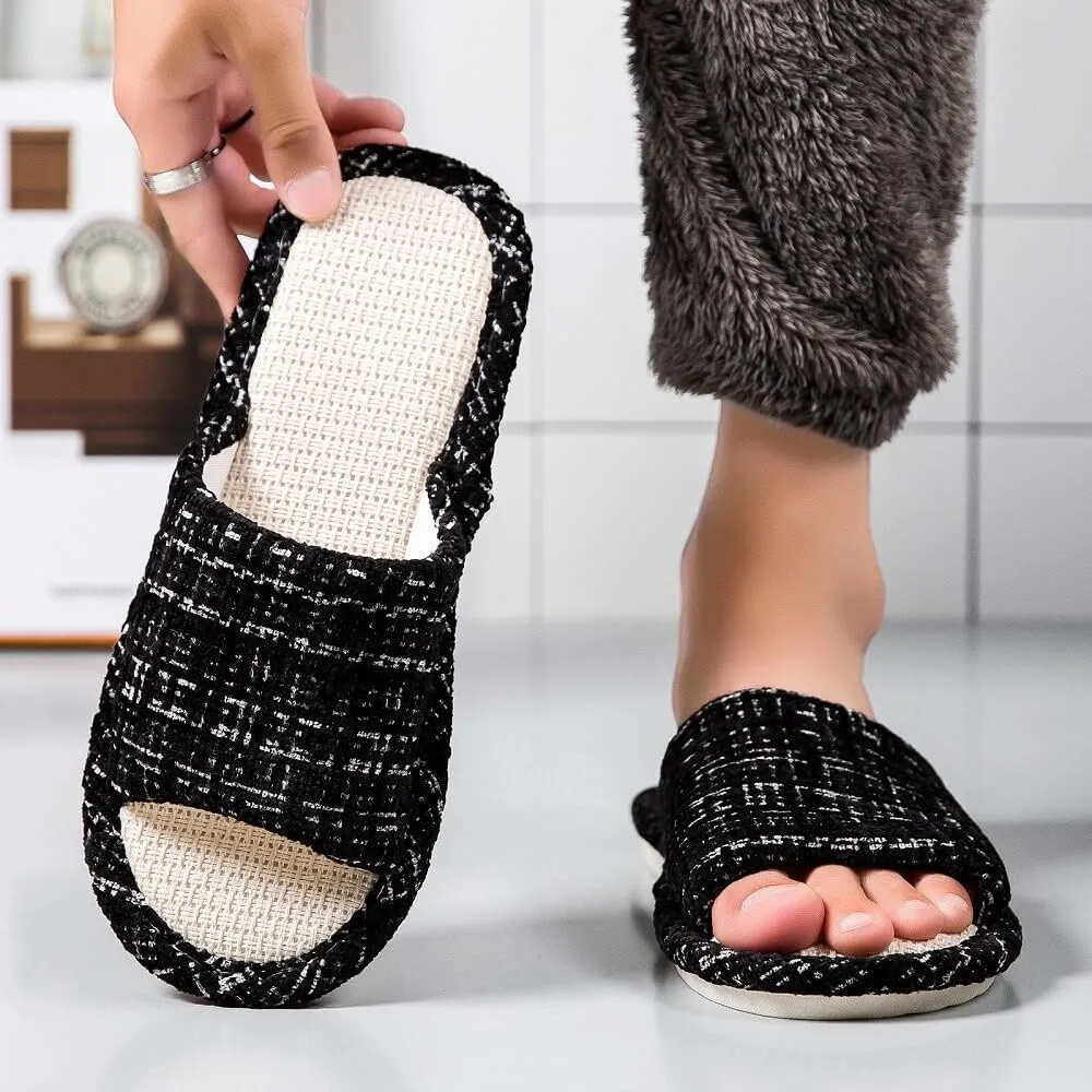 House Slippers Indoor Cotton Flax Slippers, Women's and Men's Casual Soft Non-slip Open Toed Mute Slippers