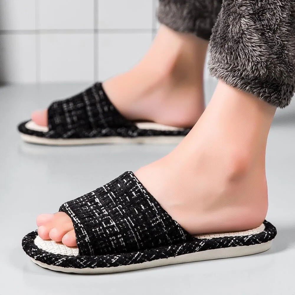 House Slippers Indoor Cotton Flax Slippers, Women's and Men's Casual Soft Non-slip Open Toed Mute Slippers