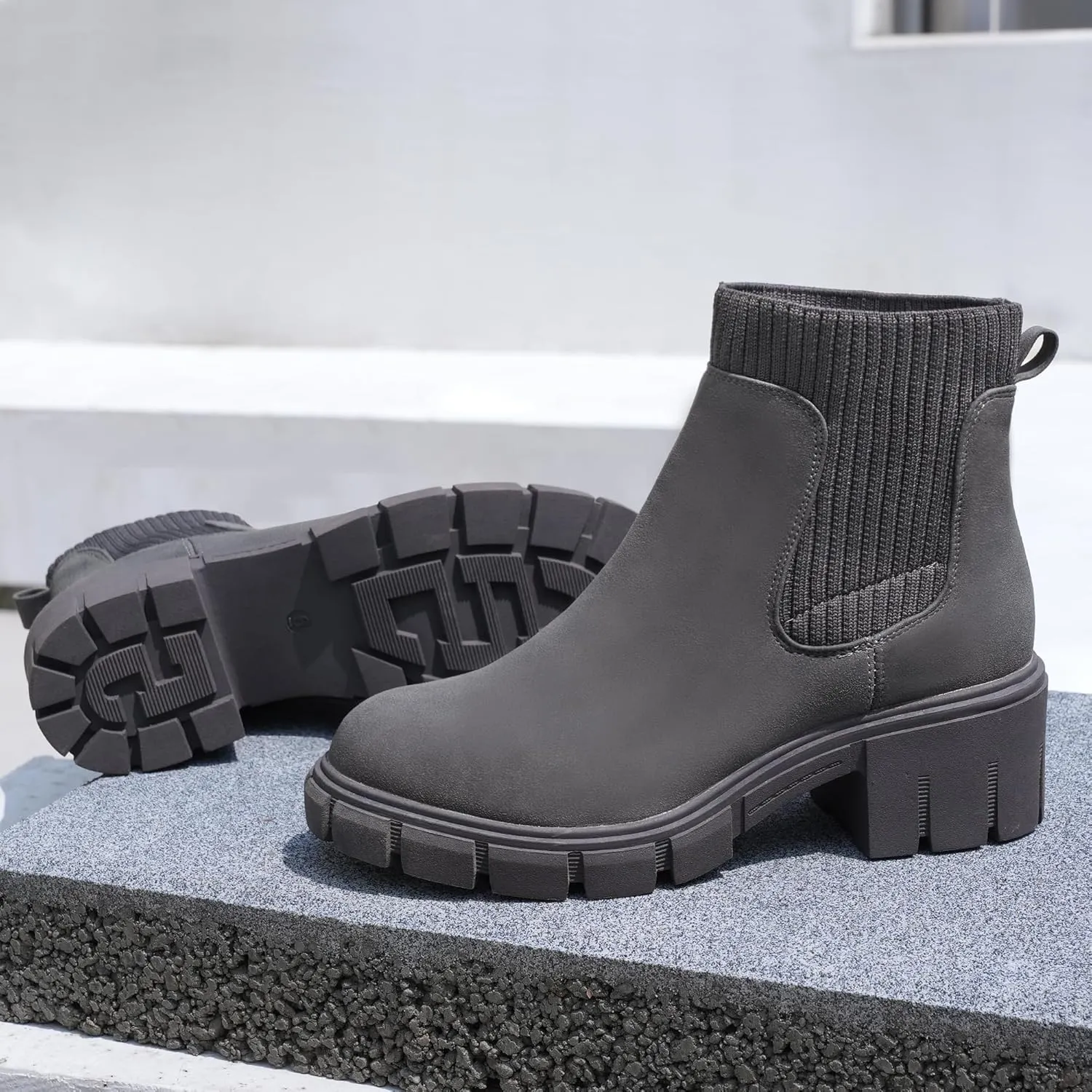 JABASIC Womens Chunky Ankle Boots Slip on Chelsea Boots Elastic Booties