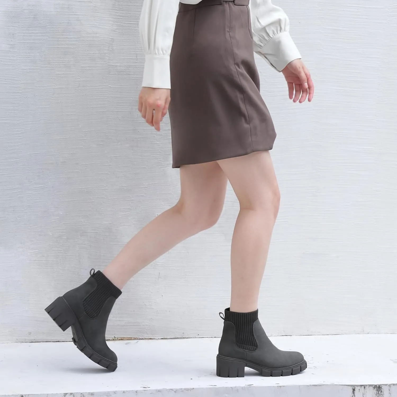 JABASIC Womens Chunky Ankle Boots Slip on Chelsea Boots Elastic Booties