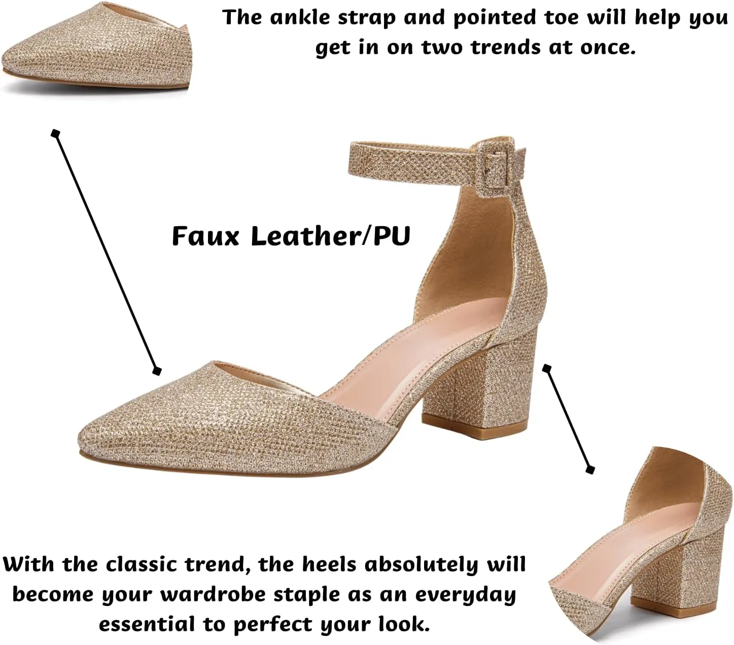 LAICIGO Women's Pointed Toe Pumps Ankle Strap Buckle Chunky Block Heel Dress D'Orsay Shoes