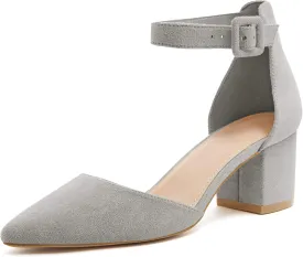 LAICIGO Women's Pointed Toe Pumps Ankle Strap Buckle Chunky Block Heel Dress D'Orsay Shoes