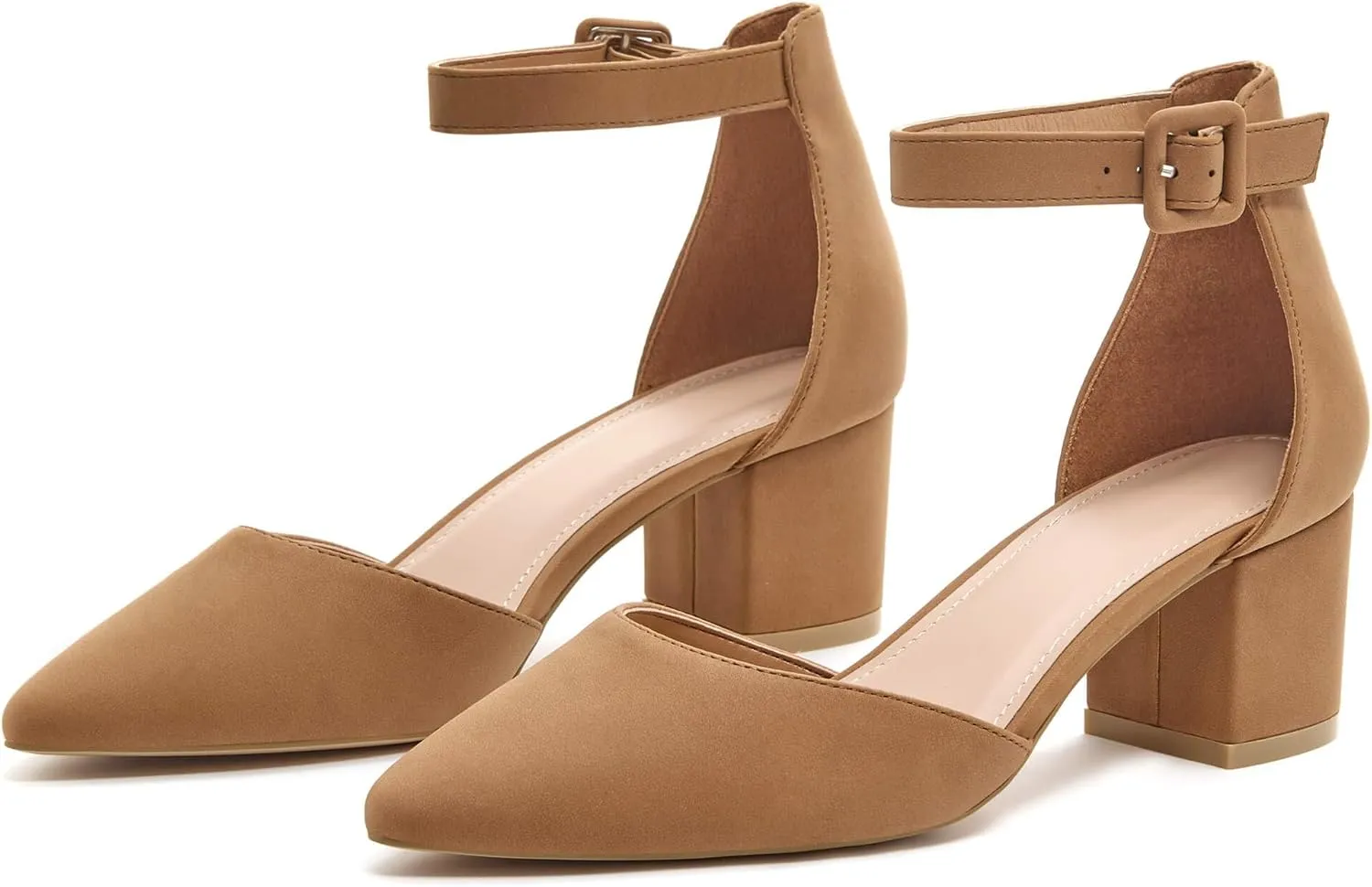 LAICIGO Women's Pointed Toe Pumps Ankle Strap Buckle Chunky Block Heel Dress D'Orsay Shoes