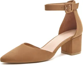 LAICIGO Women's Pointed Toe Pumps Ankle Strap Buckle Chunky Block Heel Dress D'Orsay Shoes