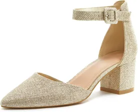 LAICIGO Women's Pointed Toe Pumps Ankle Strap Buckle Chunky Block Heel Dress D'Orsay Shoes