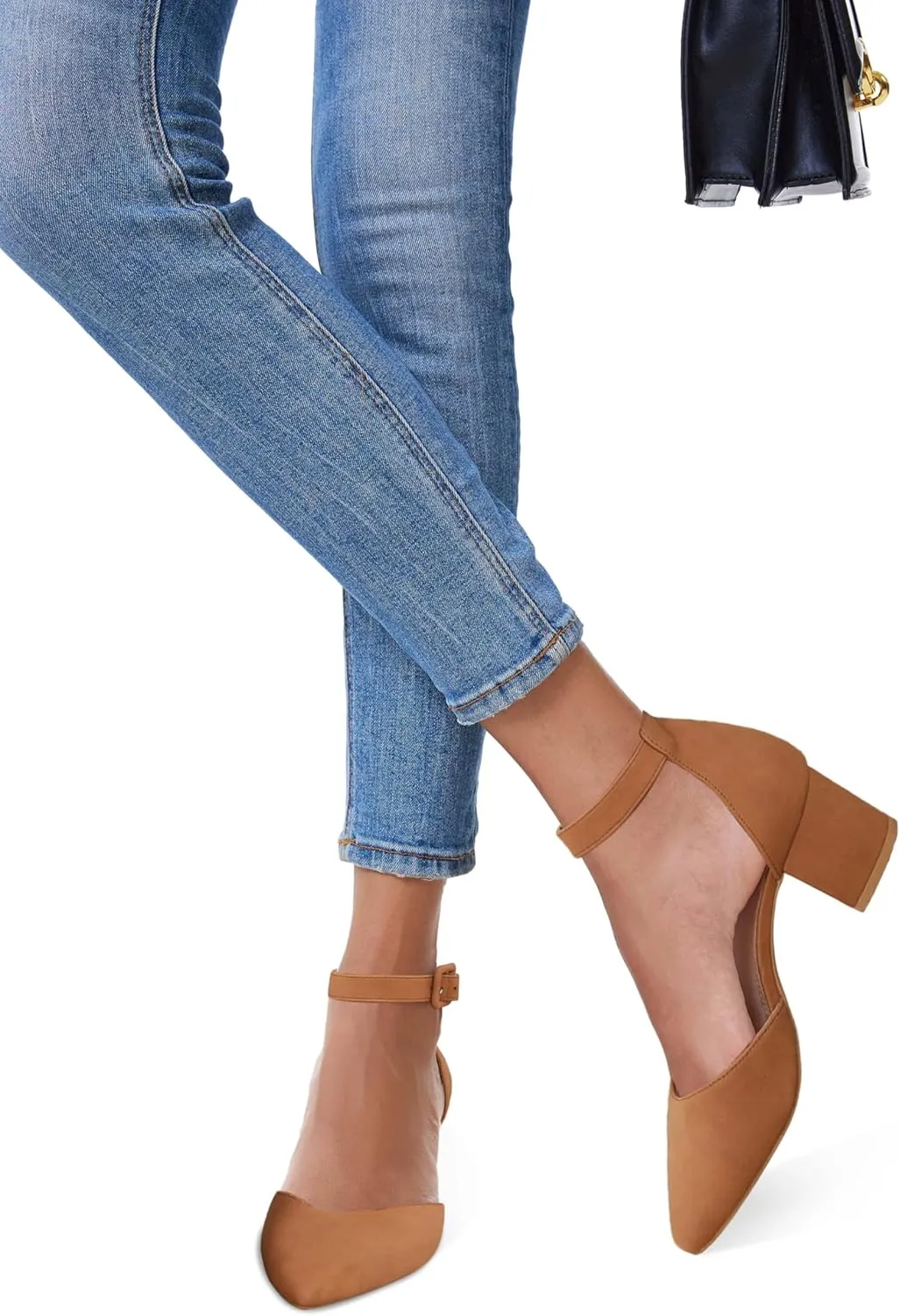 LAICIGO Women's Pointed Toe Pumps Ankle Strap Buckle Chunky Block Heel Dress D'Orsay Shoes