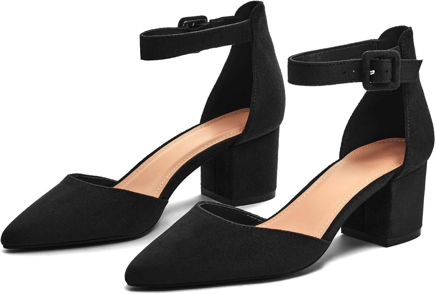 LAICIGO Women's Pointed Toe Pumps Ankle Strap Buckle Chunky Block Heel Dress D'Orsay Shoes