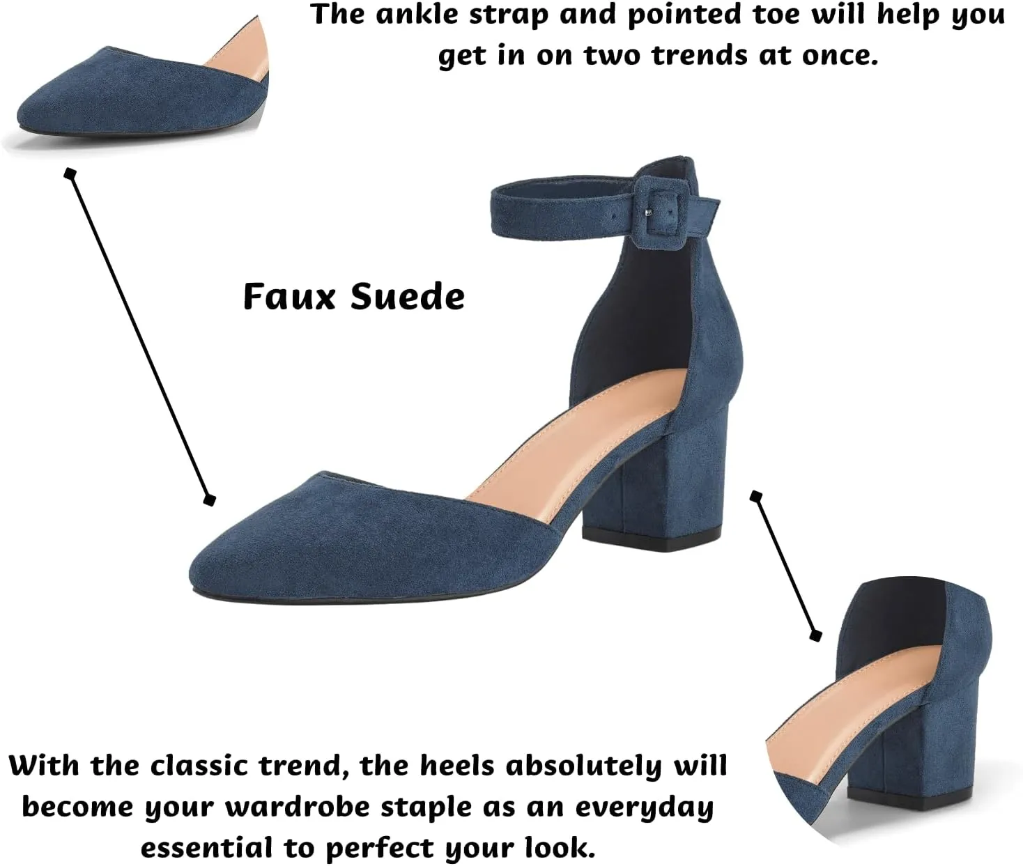 LAICIGO Women's Pointed Toe Pumps Ankle Strap Buckle Chunky Block Heel Dress D'Orsay Shoes