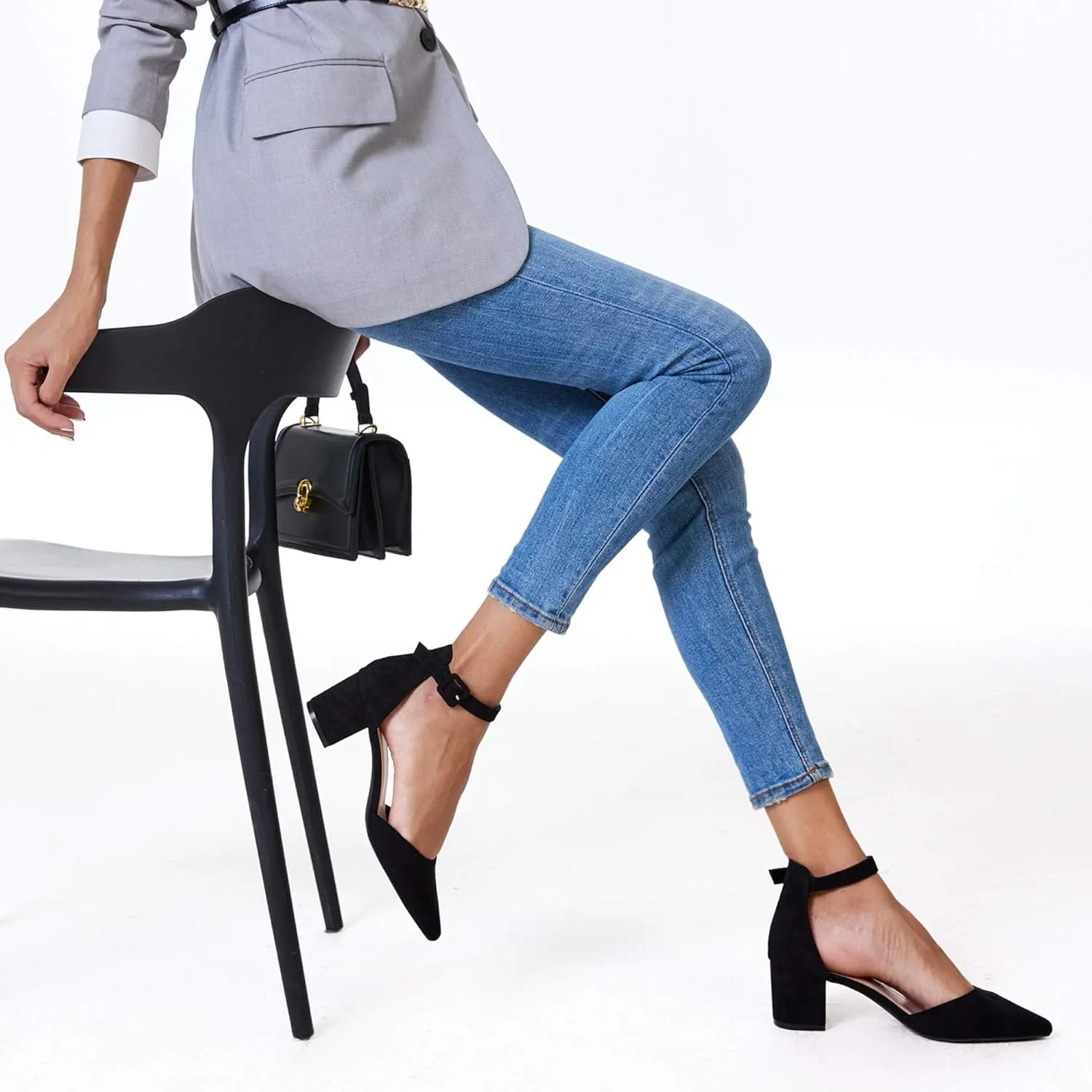 LAICIGO Women's Pointed Toe Pumps Ankle Strap Buckle Chunky Block Heel Dress D'Orsay Shoes