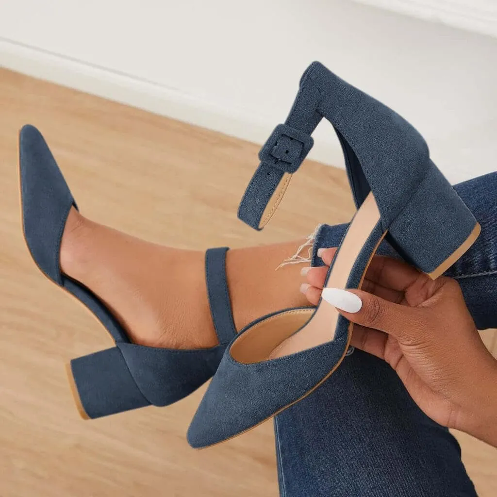 LAICIGO Women's Pointed Toe Pumps Ankle Strap Buckle Chunky Block Heel Dress D'Orsay Shoes