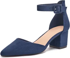 LAICIGO Women's Pointed Toe Pumps Ankle Strap Buckle Chunky Block Heel Dress D'Orsay Shoes