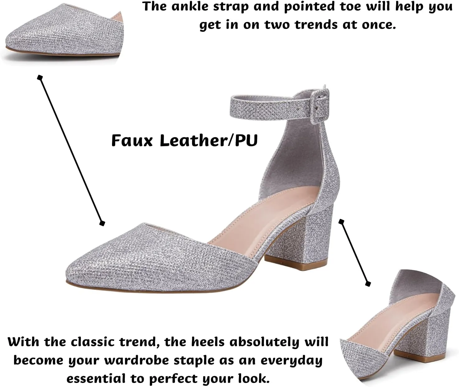LAICIGO Women's Pointed Toe Pumps Ankle Strap Buckle Chunky Block Heel Dress D'Orsay Shoes