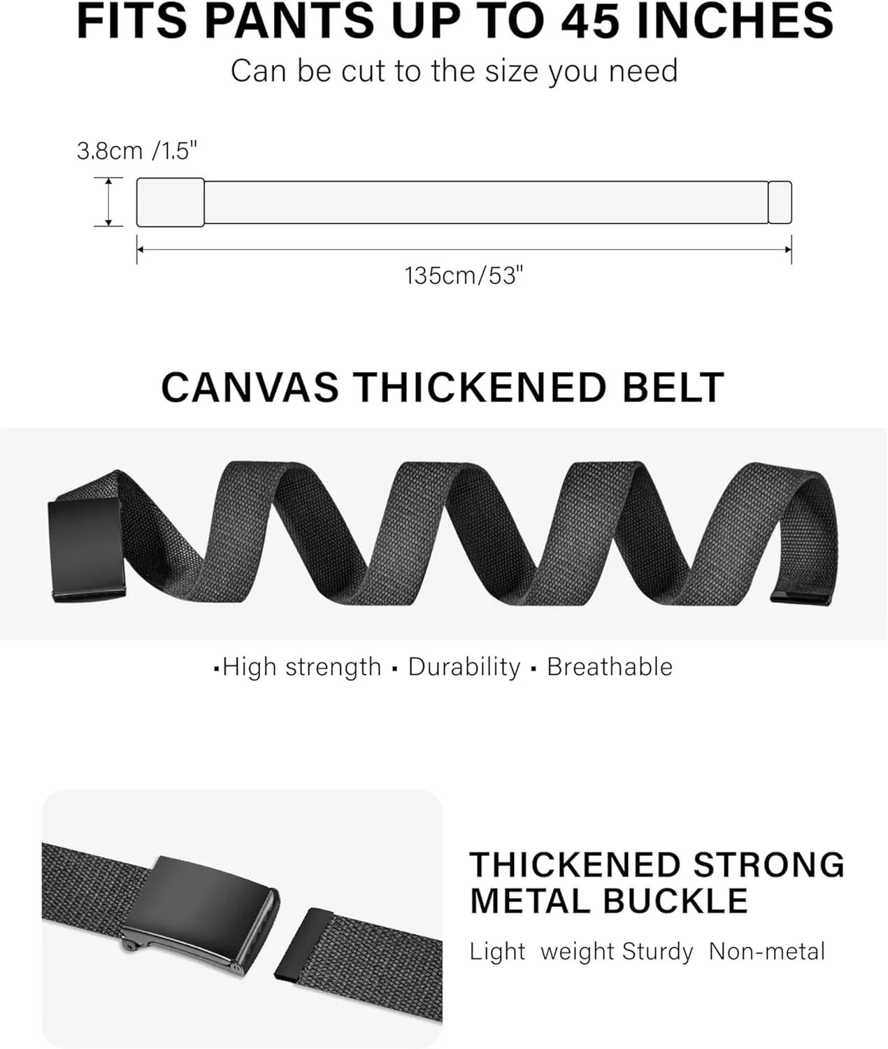 LXMY Mens Belt,Work Belts for Men,Mens Holeless Adjustable Canvas Web Cloth Fabric Belts,Black Casual Dress Business Belt