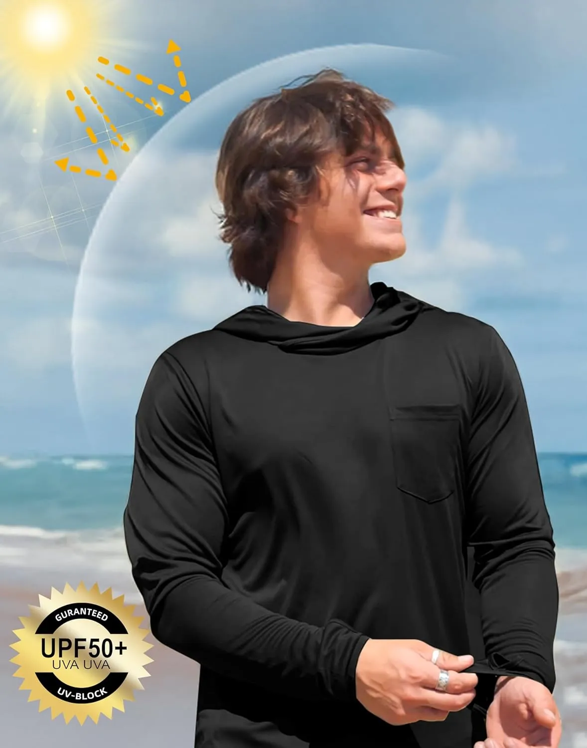 Men's Sun Protection Shirts UPF 50  Long Sleeve Hoodie with 2 Pockets UV SPF Fishing Hiking Rash Guard Shirts
