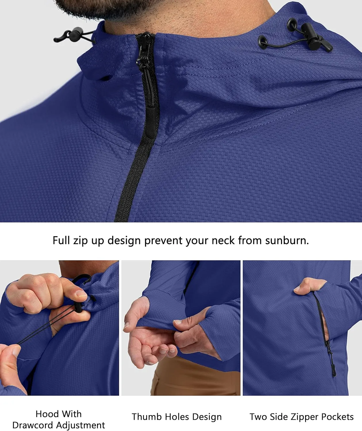 Men's UPF 50  Light Jacket Full Zip Sun Protection Hoodie Long Sleeve Sun Shirts for Men Hiking Fishing Zip Pockets