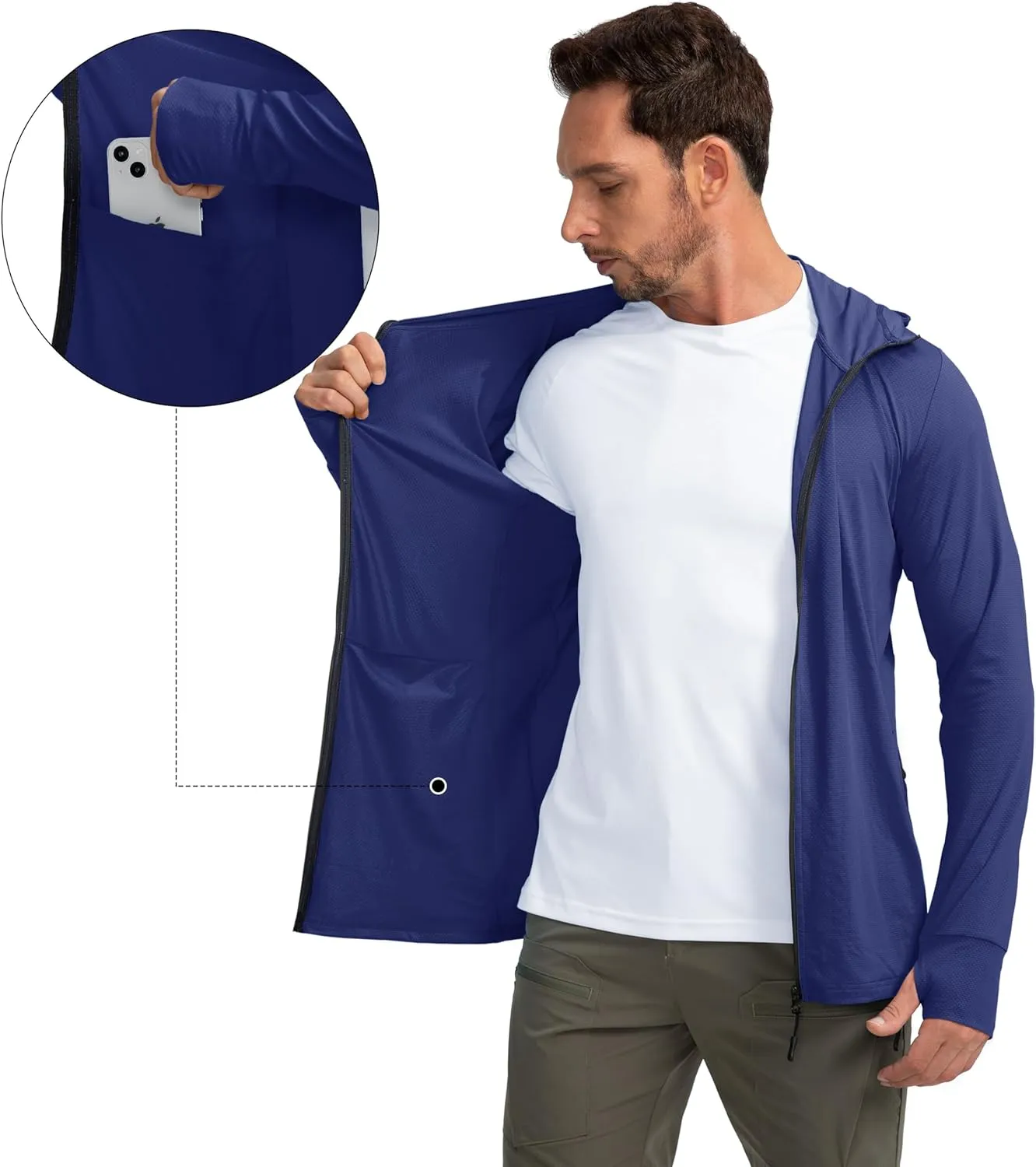 Men's UPF 50  Light Jacket Full Zip Sun Protection Hoodie Long Sleeve Sun Shirts for Men Hiking Fishing Zip Pockets