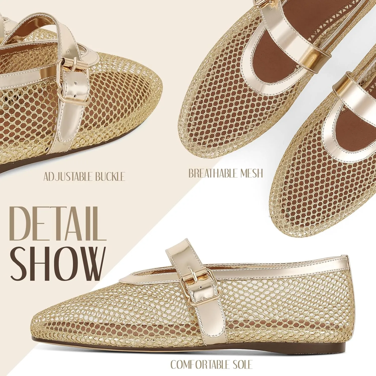 Mesh Ballet Flats for Women Round Toe Ballerina Flats Buckle Ballet Flats Shoes for Women Casual Dress Ballerina Mary Jane Flats