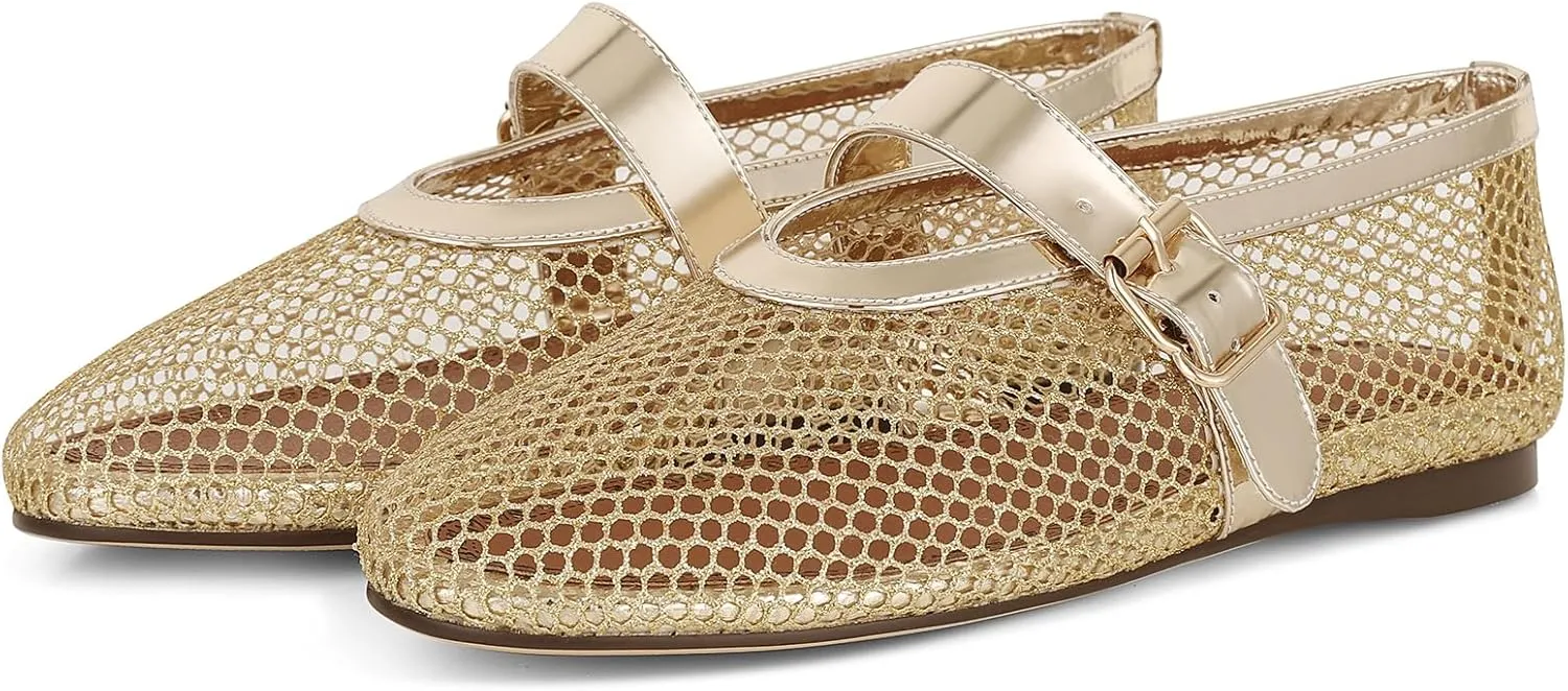 Mesh Ballet Flats for Women Round Toe Ballerina Flats Buckle Ballet Flats Shoes for Women Casual Dress Ballerina Mary Jane Flats