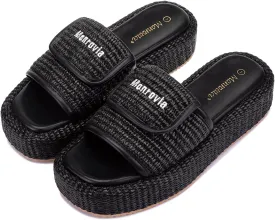 Monrovia Platform Sandals for Women, Wedge Espadrille Slides with Raffia Straw, Comfortable Brown Summer Sandals for Beach, Walking, Camping, Vacation