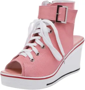 OCHENTA Women's Peep Toe Canvas Wedge Heeled Platform Fashion Sneaker
