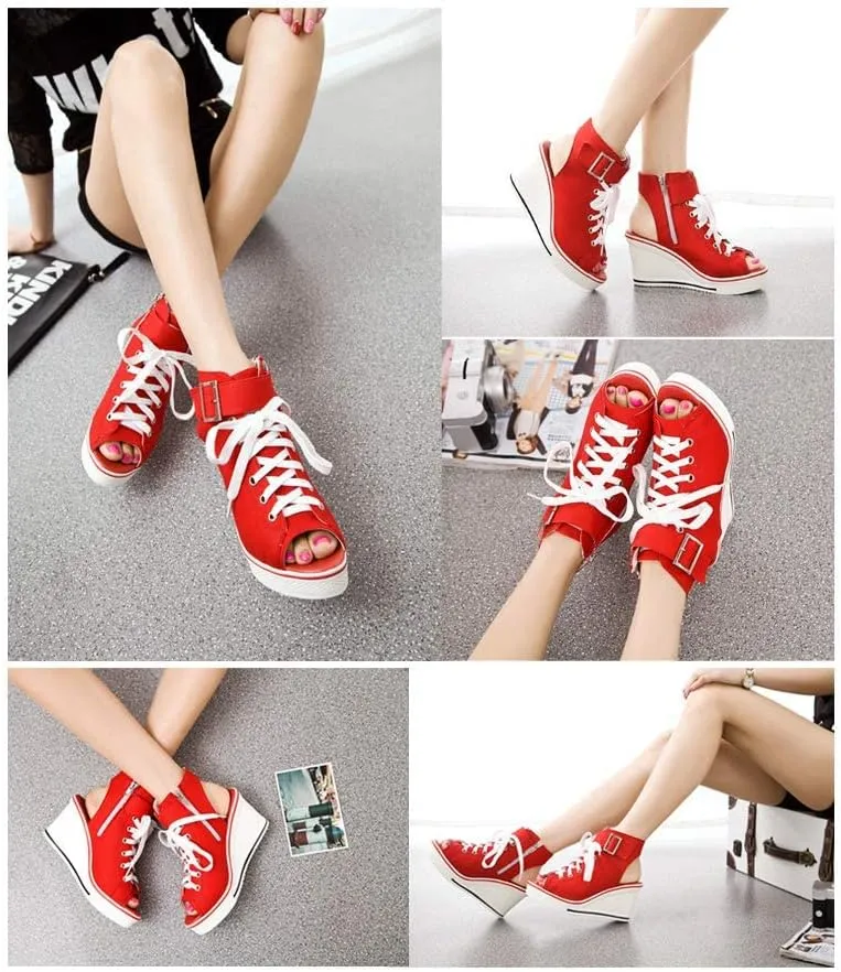 OCHENTA Women's Peep Toe Canvas Wedge Heeled Platform Fashion Sneaker
