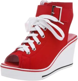 OCHENTA Women's Peep Toe Canvas Wedge Heeled Platform Fashion Sneaker