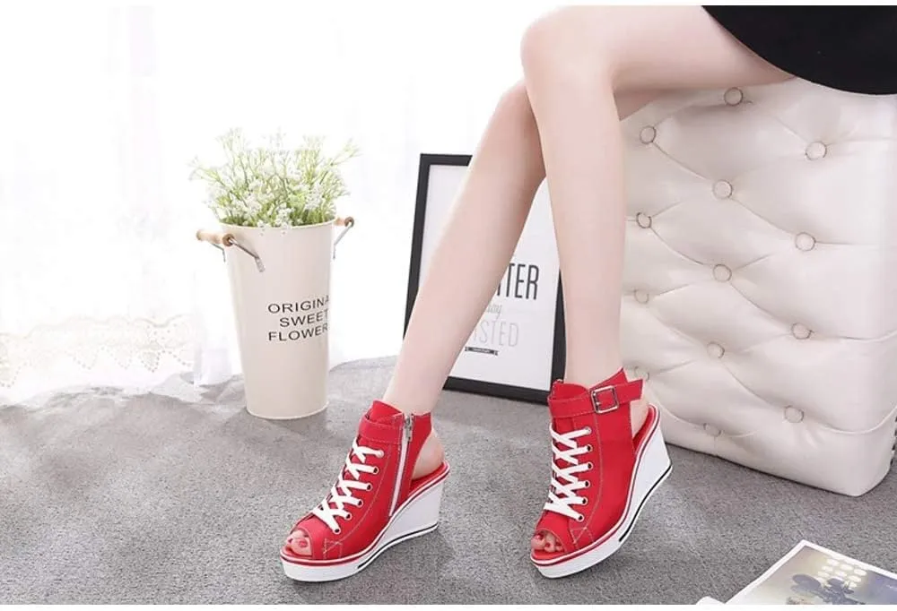 OCHENTA Women's Peep Toe Canvas Wedge Heeled Platform Fashion Sneaker