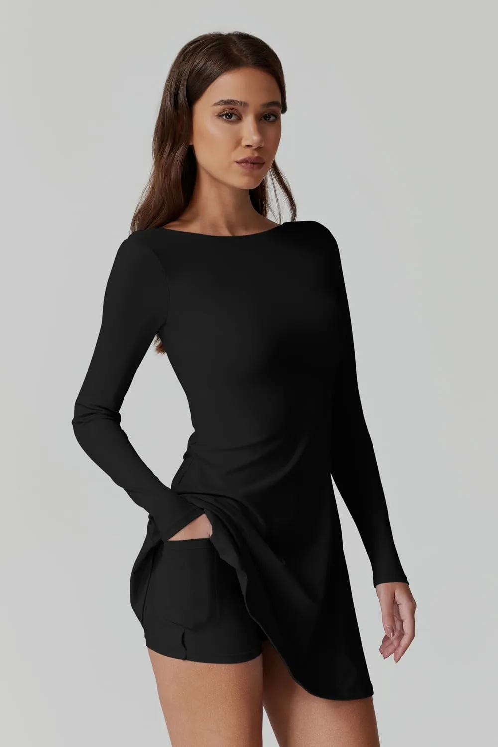 QINSEN Women's Open Back Tennis Dress Long Sleeve Built in Shorts Golf Athletic Dress with Pockets