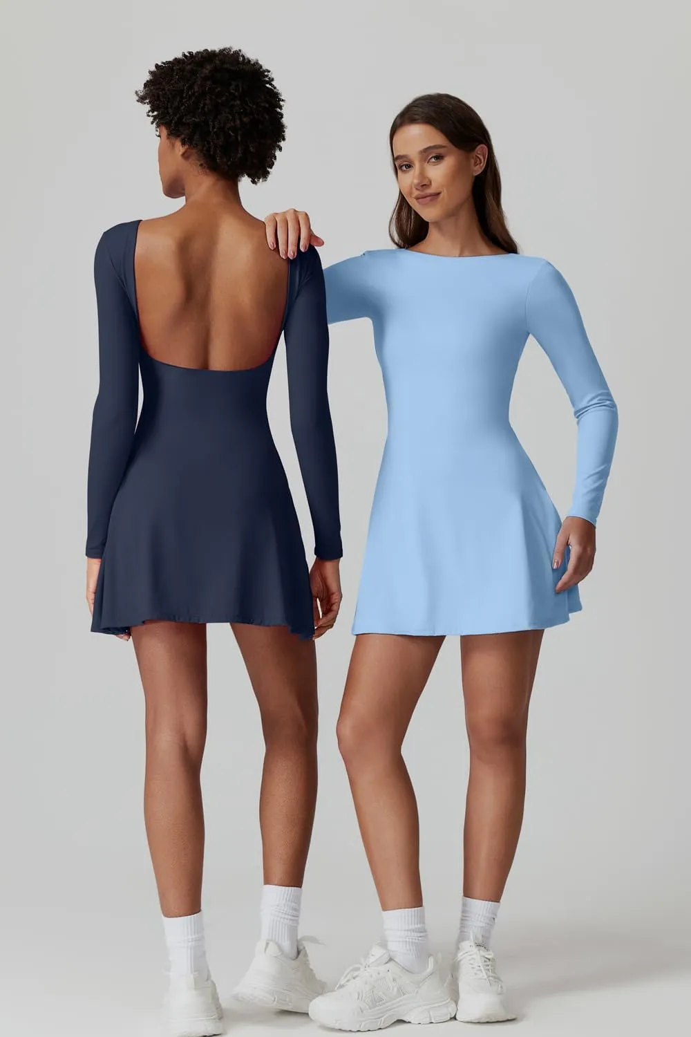 QINSEN Women's Open Back Tennis Dress Long Sleeve Built in Shorts Golf Athletic Dress with Pockets