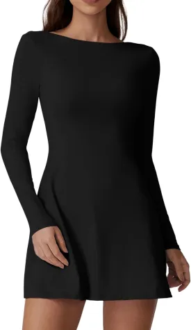 QINSEN Women's Open Back Tennis Dress Long Sleeve Built in Shorts Golf Athletic Dress with Pockets