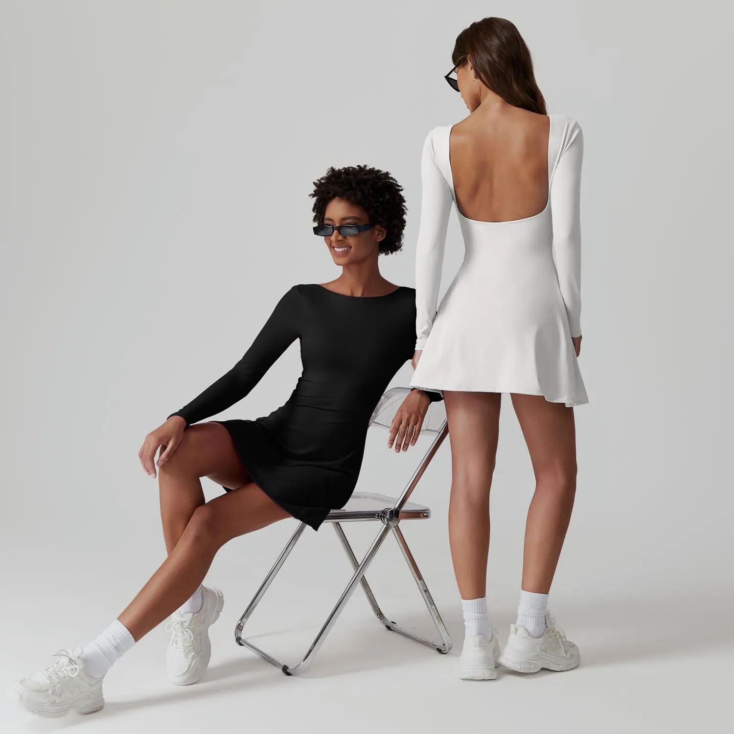 QINSEN Women's Open Back Tennis Dress Long Sleeve Built in Shorts Golf Athletic Dress with Pockets