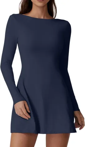 QINSEN Women's Open Back Tennis Dress Long Sleeve Built in Shorts Golf Athletic Dress with Pockets