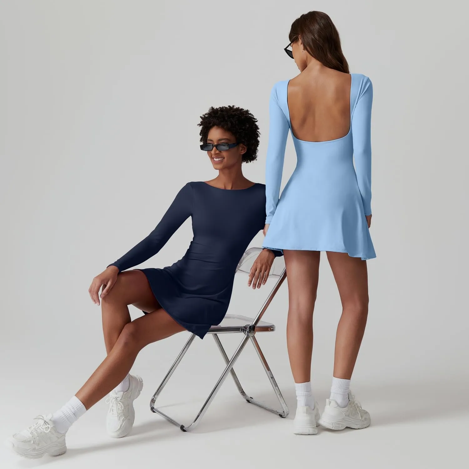 QINSEN Women's Open Back Tennis Dress Long Sleeve Built in Shorts Golf Athletic Dress with Pockets