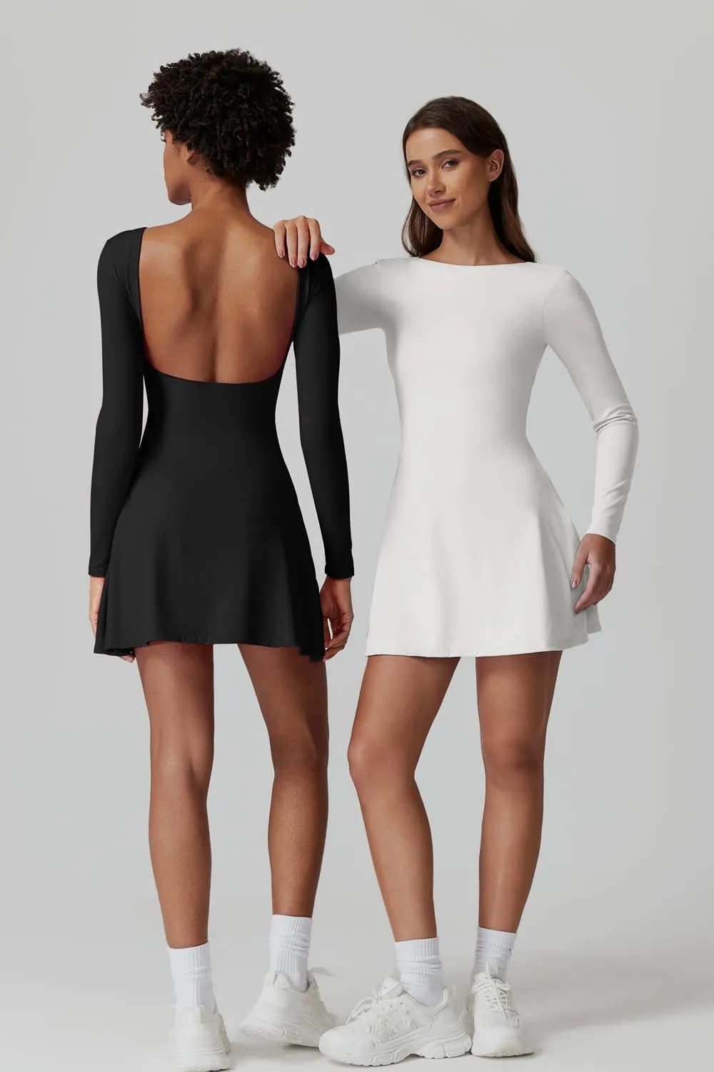QINSEN Women's Open Back Tennis Dress Long Sleeve Built in Shorts Golf Athletic Dress with Pockets
